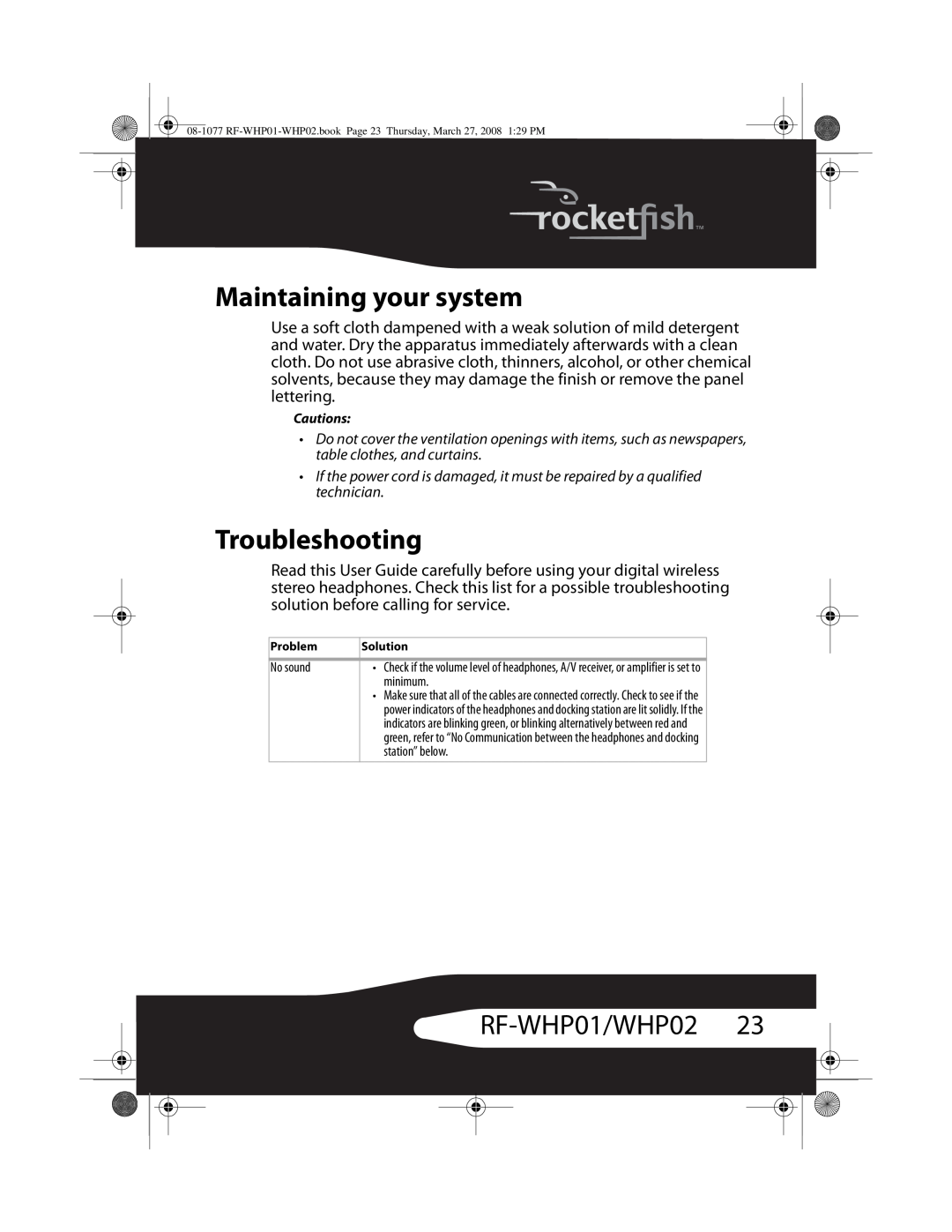 RocketFish RF-WHP02 manual Maintaining your system, Troubleshooting, RF-WHP01/WHP0223 