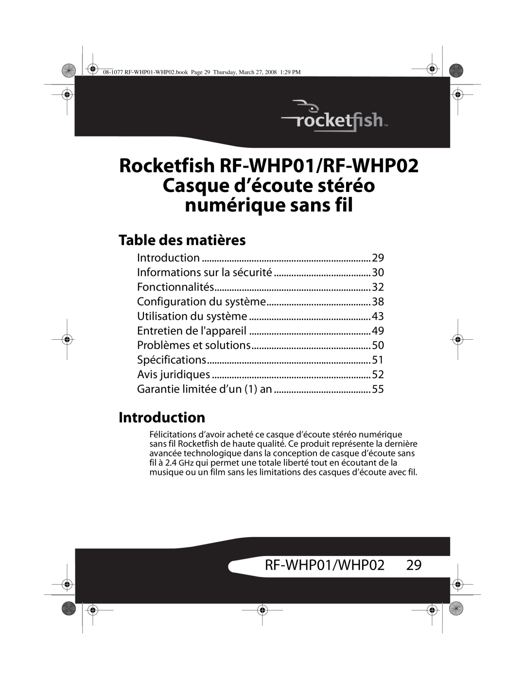 RocketFish RF-WHP02 manual Casque d’écoute stéréo numérique sans fil, Table des matières, RF-WHP01/WHP0229, Introduction 