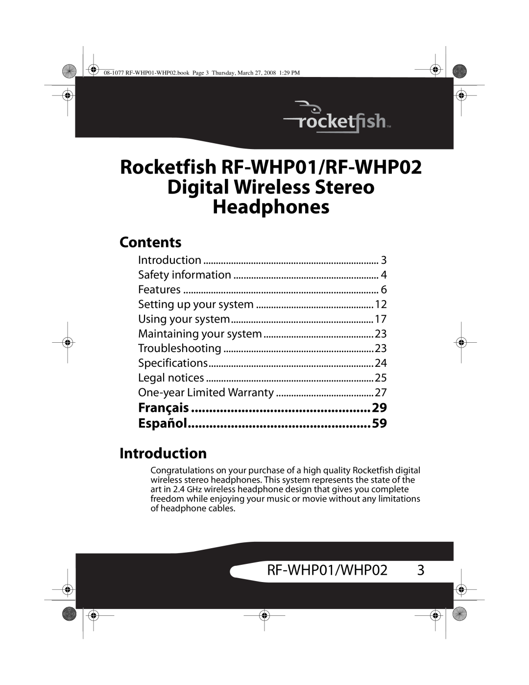 RocketFish Rocketfish RF-WHP01/RF-WHP02, Digital Wireless Stereo Headphones, Contents, Introduction, RF-WHP01/WHP023 