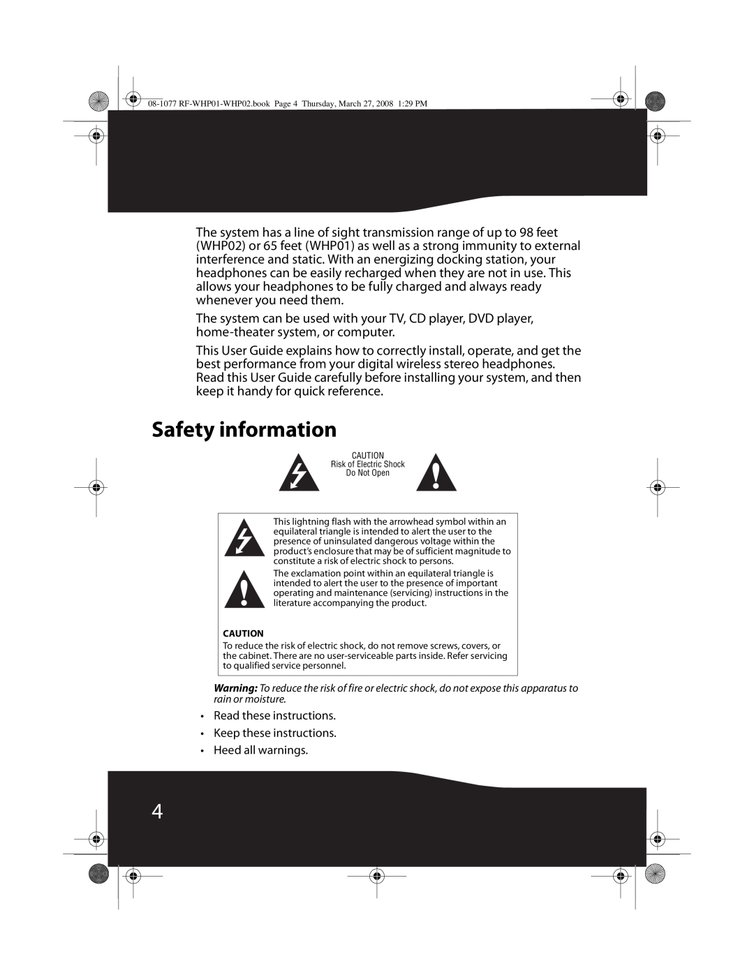 RocketFish RF-WHP01, RF-WHP02 manual Safety information, Read these instructions Keep these instructions, Heed all warnings 