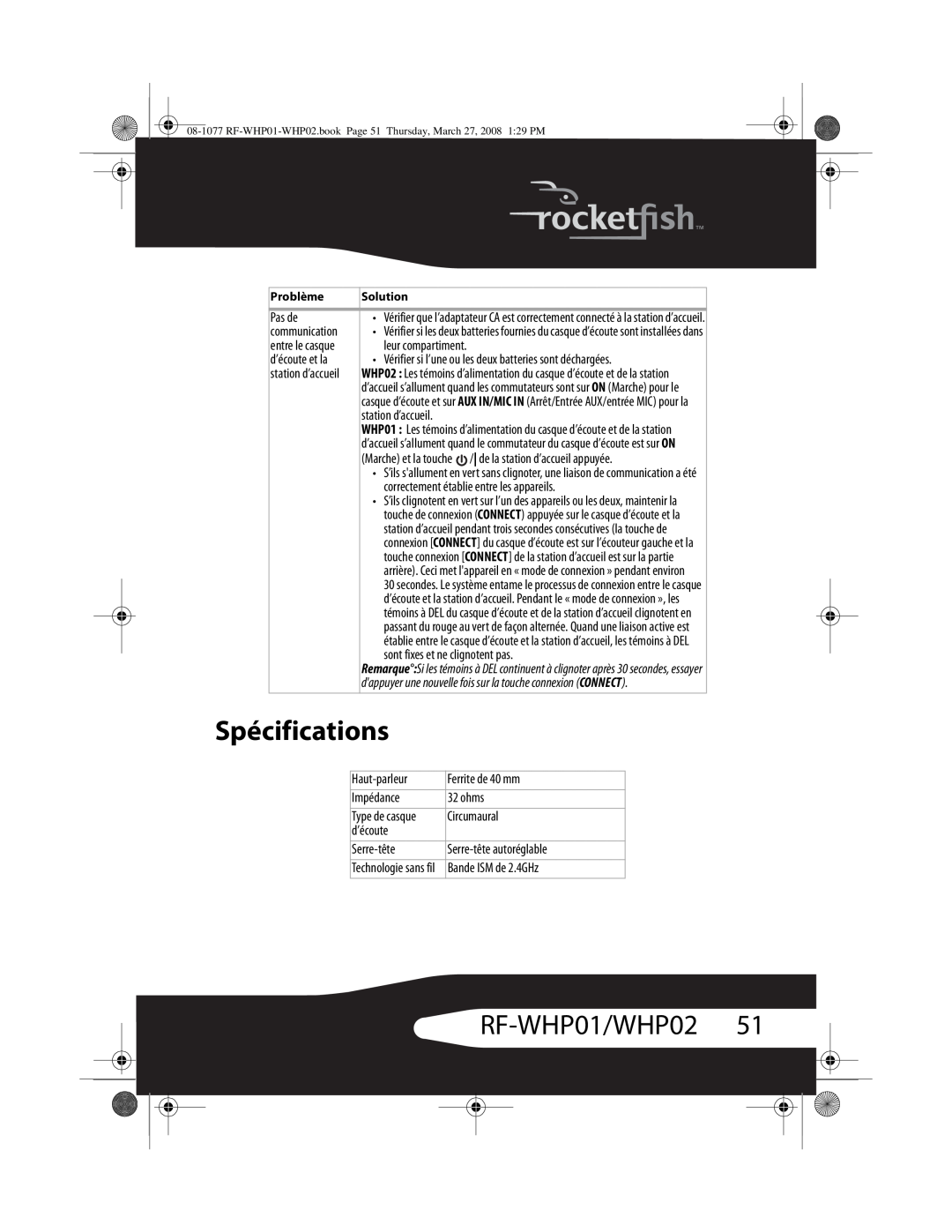 RocketFish RF-WHP02 manual Spécifications, RF-WHP01/WHP0251 