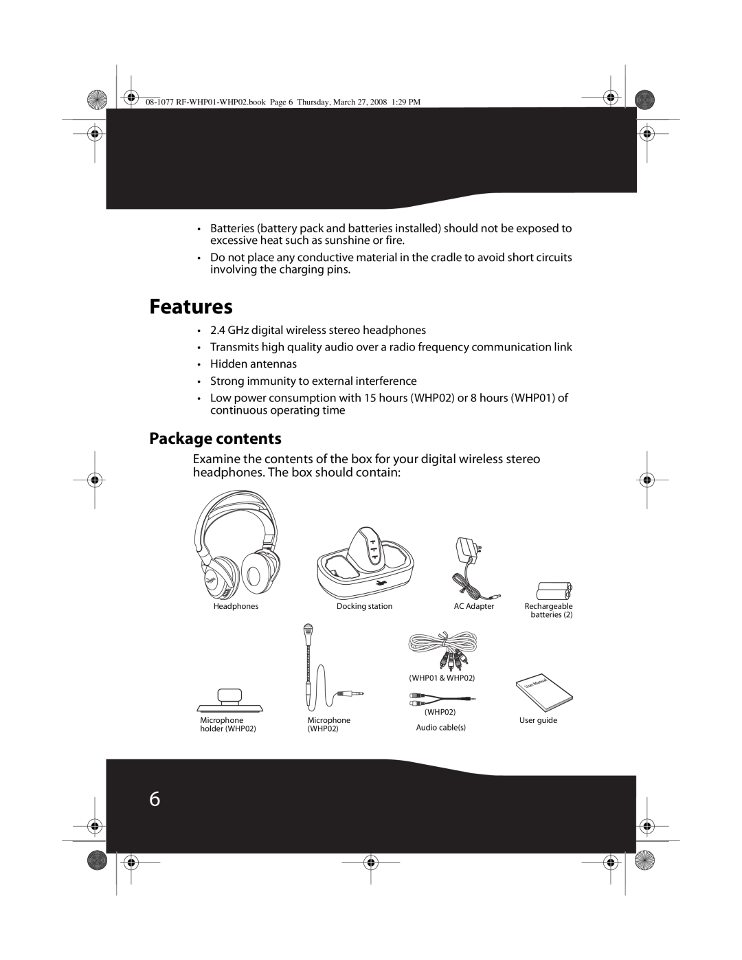 RocketFish RF-WHP01, RF-WHP02 manual Features, Package contents 