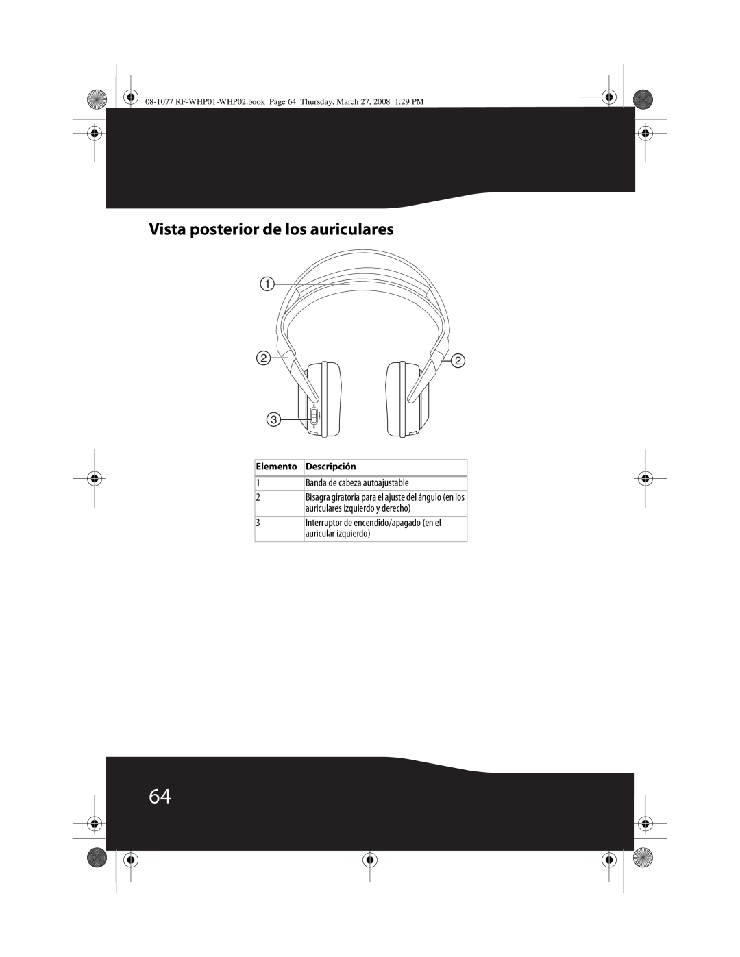 RocketFish RF-WHP01, RF-WHP02 Vista posterior de los auriculares, 1Banda de cabeza autoajustable, Elemento Descripción 