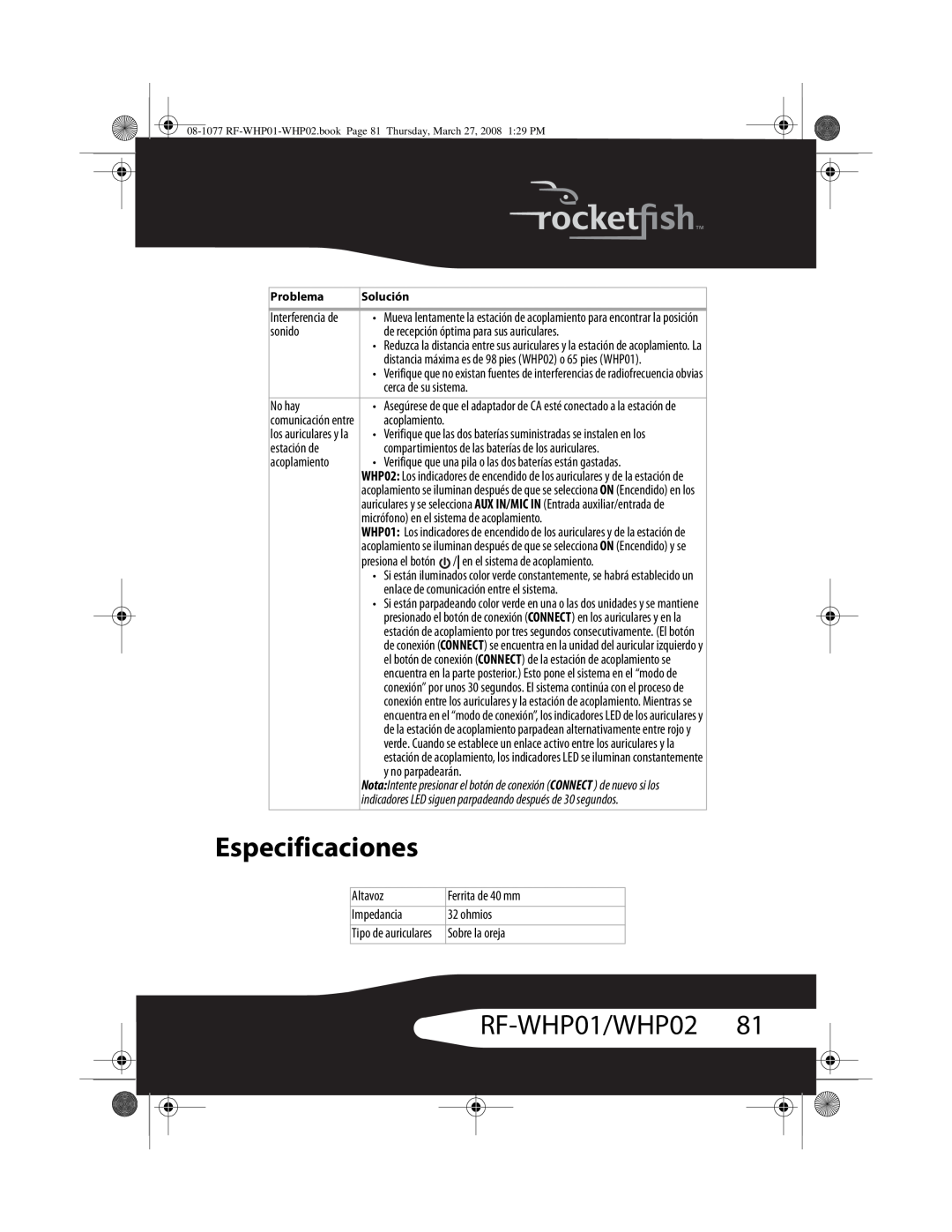 RocketFish RF-WHP02 manual Especificaciones, RF-WHP01/WHP0281 