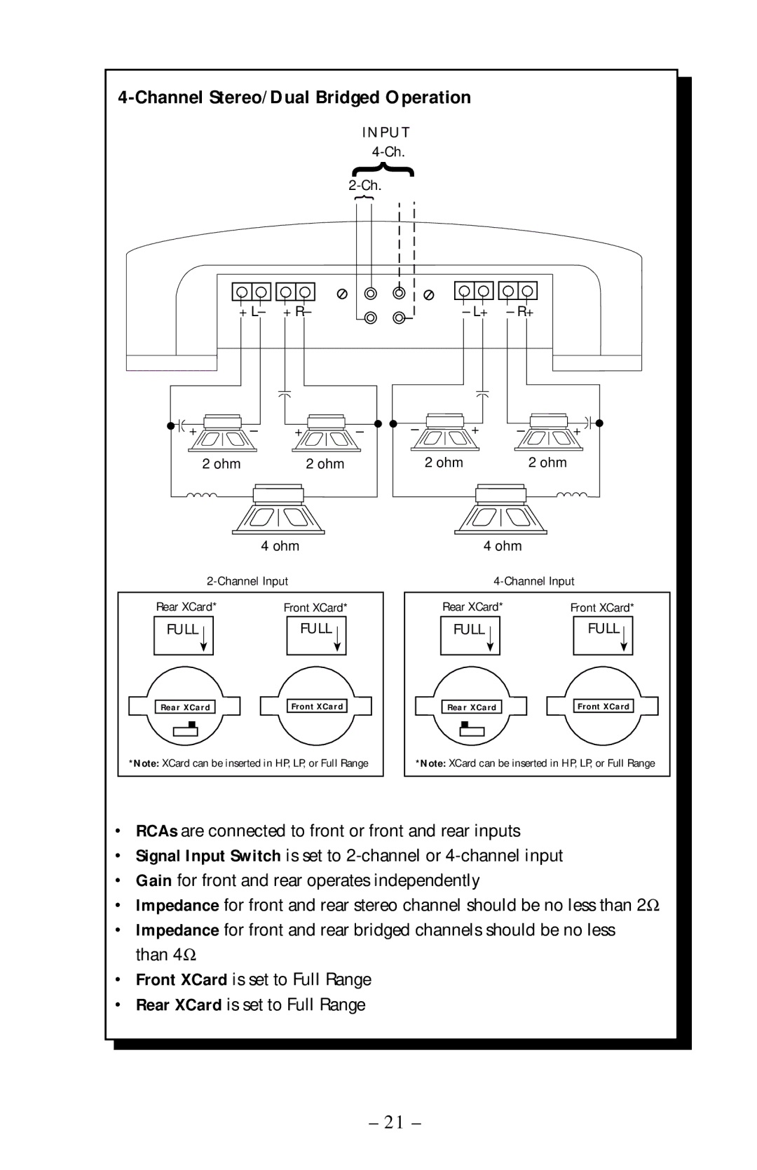 Rockford Fosgate 160X4, 240X4 operation manual Channel Stereo/Dual Bridged Operation 