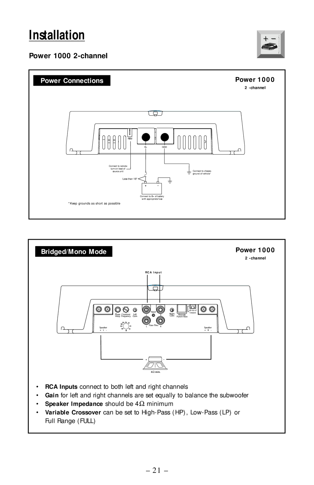 Rockford Fosgate 250, 360, 400, 500, 600, 800, 1000 manual Power 1000 2-channel, Rem +Gnd 