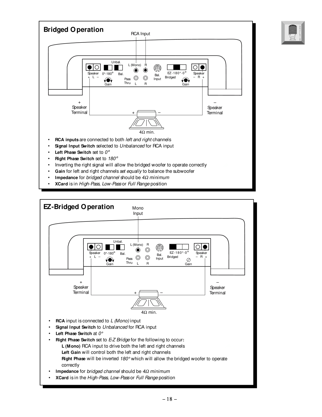 Rockford Fosgate 250.1 manual Bridged Operation, EZ-BridgedOperation, Left Phase Switch set to, Right Phase Switch set to 