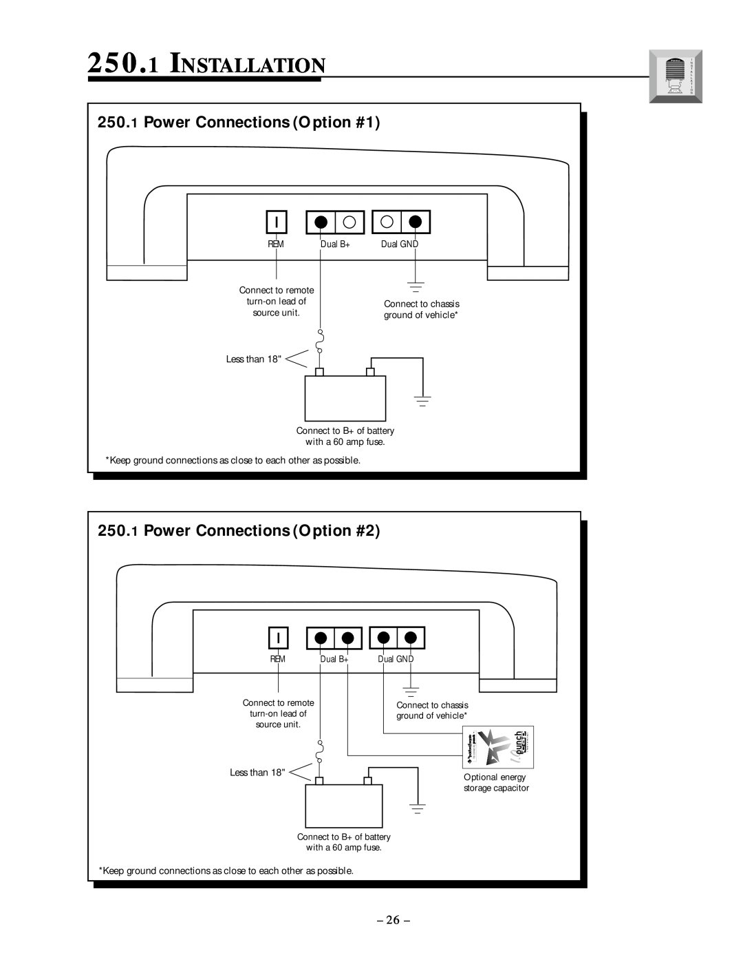 Rockford Fosgate 250.1 manual Installation, Power Connections Option #1, Power Connections Option #2 