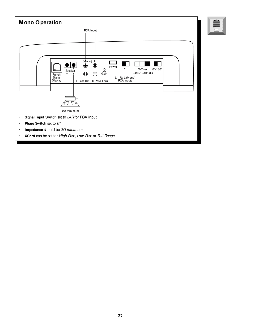 Rockford Fosgate 250.1 manual Mono Operation, Phase Switch set to, minimum 