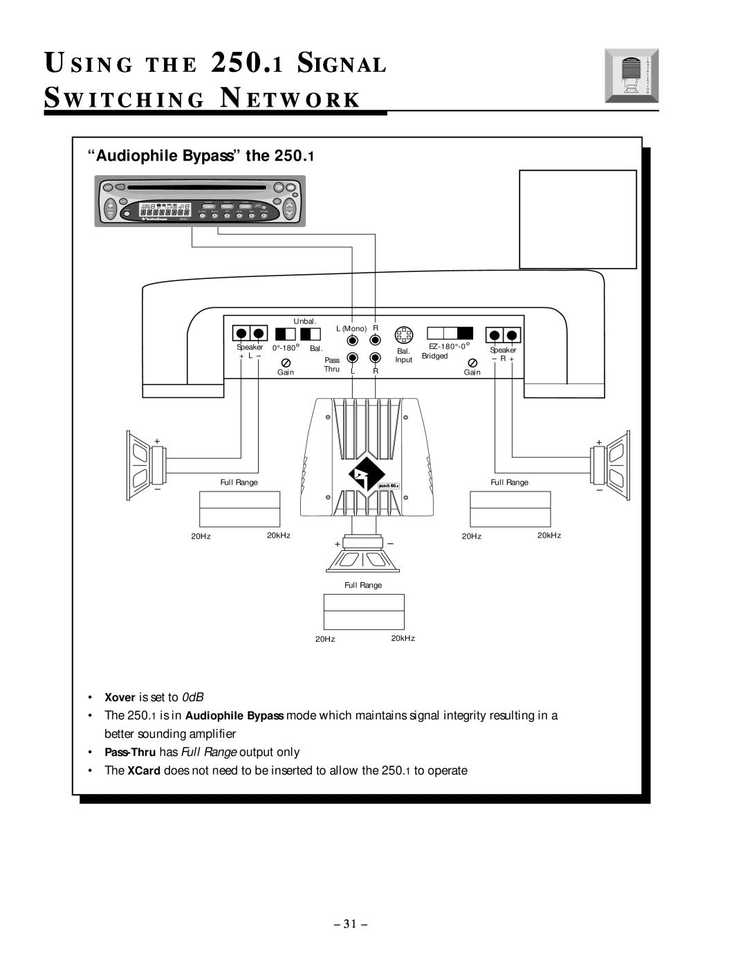 Rockford Fosgate manual U S I N G T H E 250.1 SIGNAL, S W I T C H I N G N E T W O R K, “Audiophile Bypass” the 