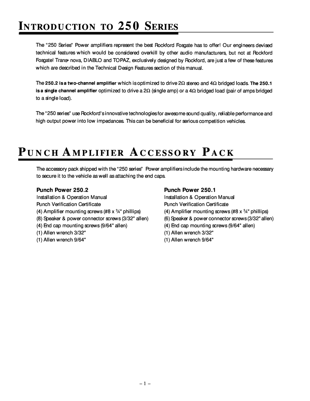 Rockford Fosgate 250.1 manual INTRODUCTION TO 250 SERIES, Punch Power 