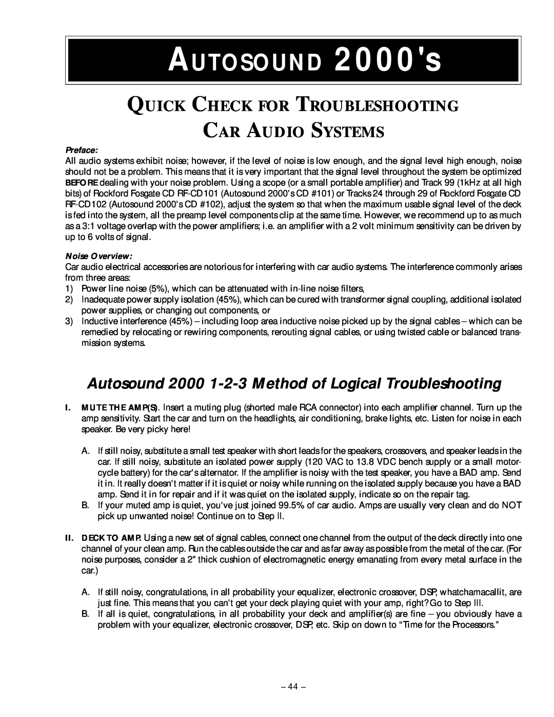 Rockford Fosgate 250.1 manual Quick Check For Troubleshooting Car Audio Systems, AUTOSOUND 2000s, Preface, Noise Overview 