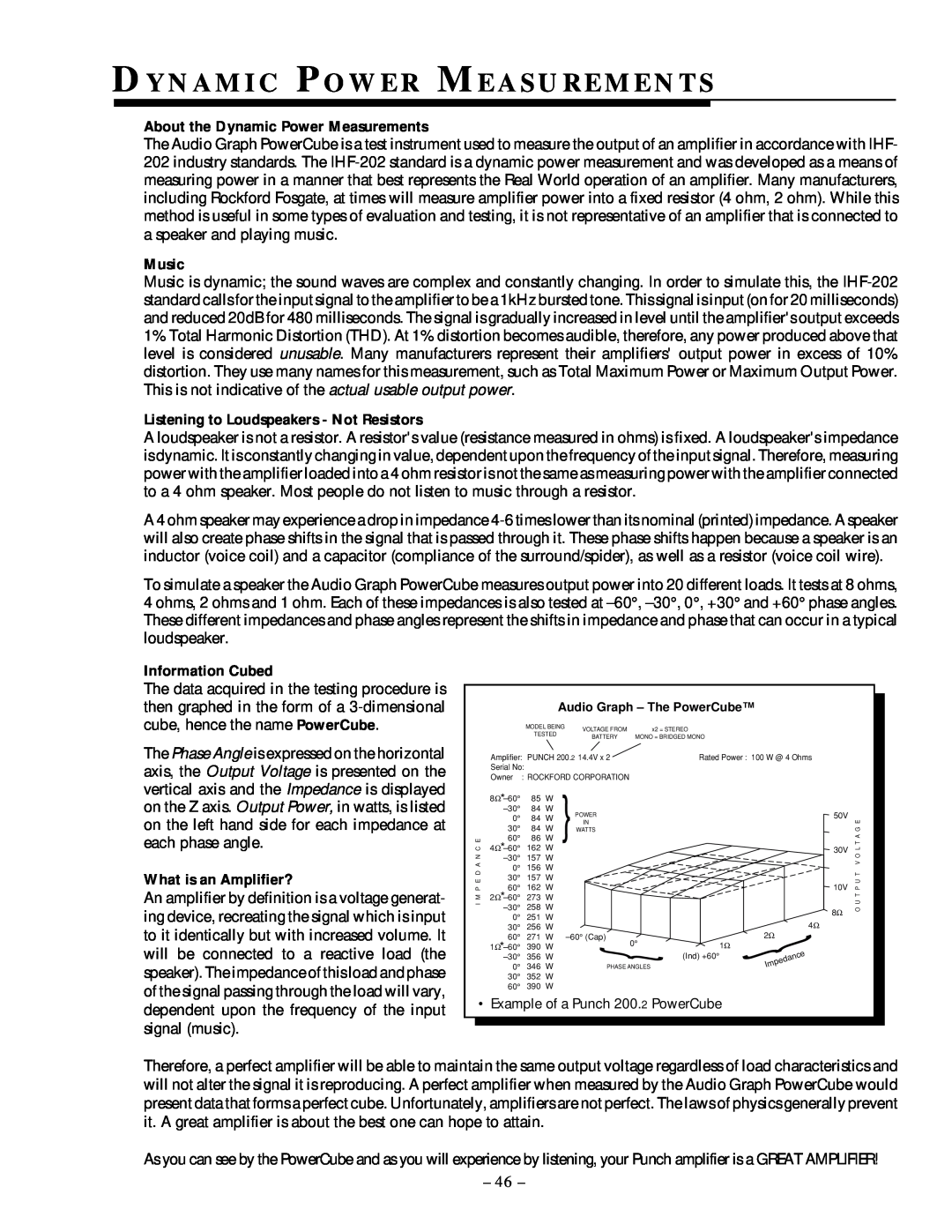 Rockford Fosgate 250.1 manual Dy N A M I C Po W E R Me A S U R E M E N T S, About the Dynamic Power Measurements, Music 
