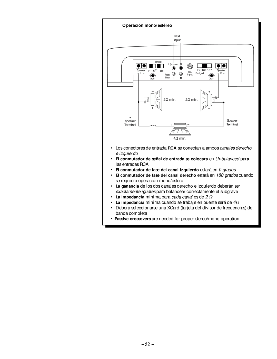 Rockford Fosgate 250.1 manual Operación mono/estéreo 