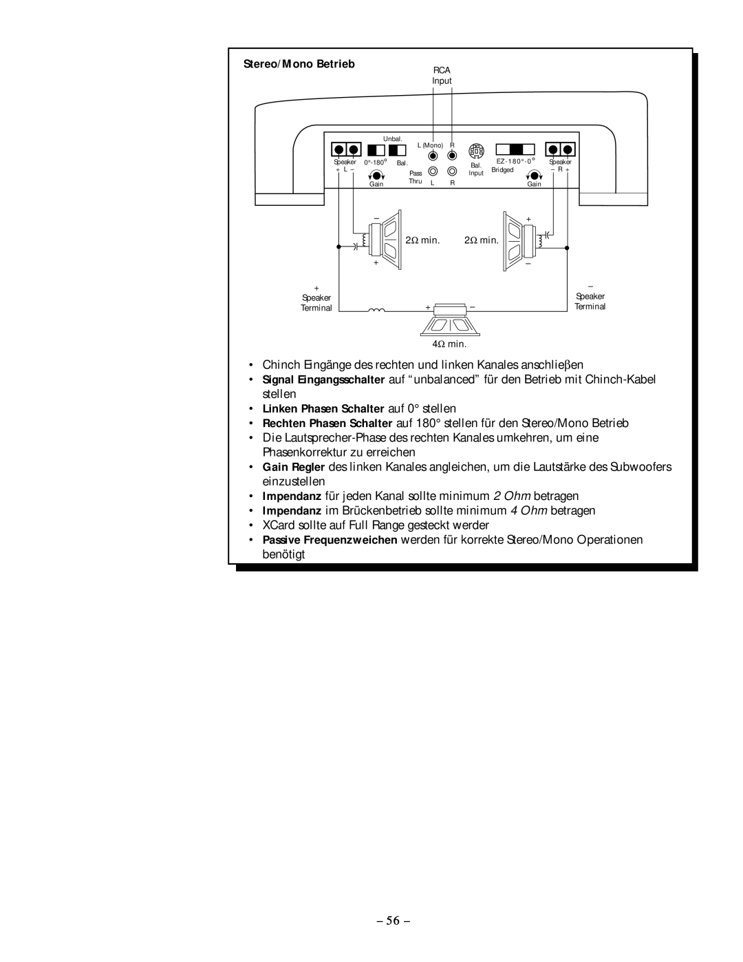 Rockford Fosgate 250.1 manual Stereo/Mono Betrieb, Linken Phasen Schalter auf 0 stellen 