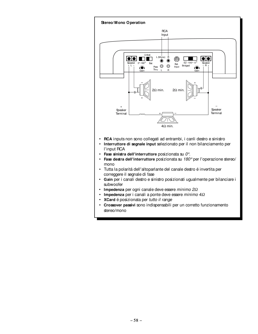 Rockford Fosgate 250.1 manual Stereo/Mono Operation, Fase sinistra dellinterruttore posizionata su 