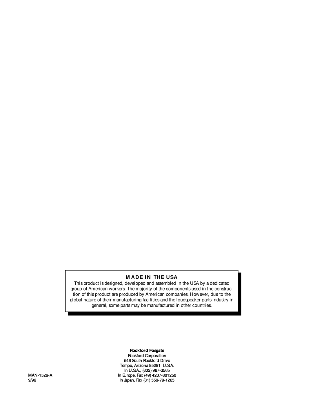 Rockford Fosgate 250.1 manual Made In The Usa 