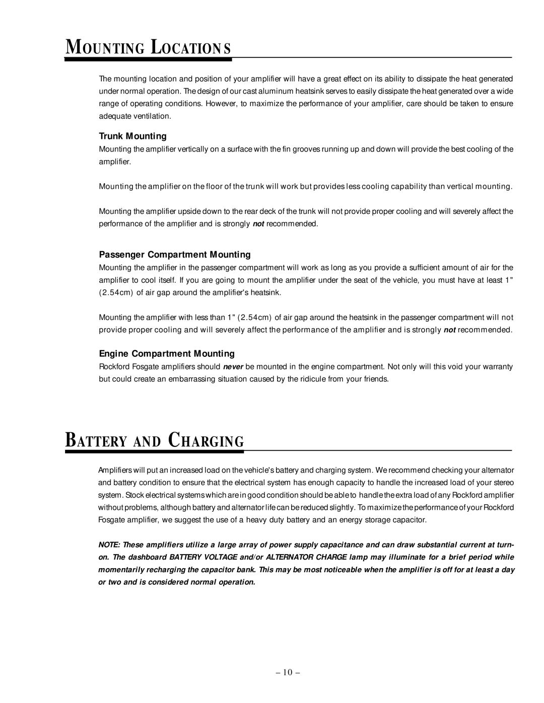Rockford Fosgate 250.2 manual Mounting Location S, Battery and Charging 