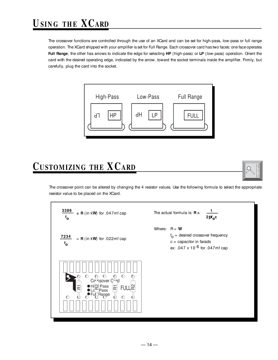 Rockford Fosgate 250.2 manual Using the Xcard, Customizing the Xcard, 3386, 7234, Actual formula is R = 