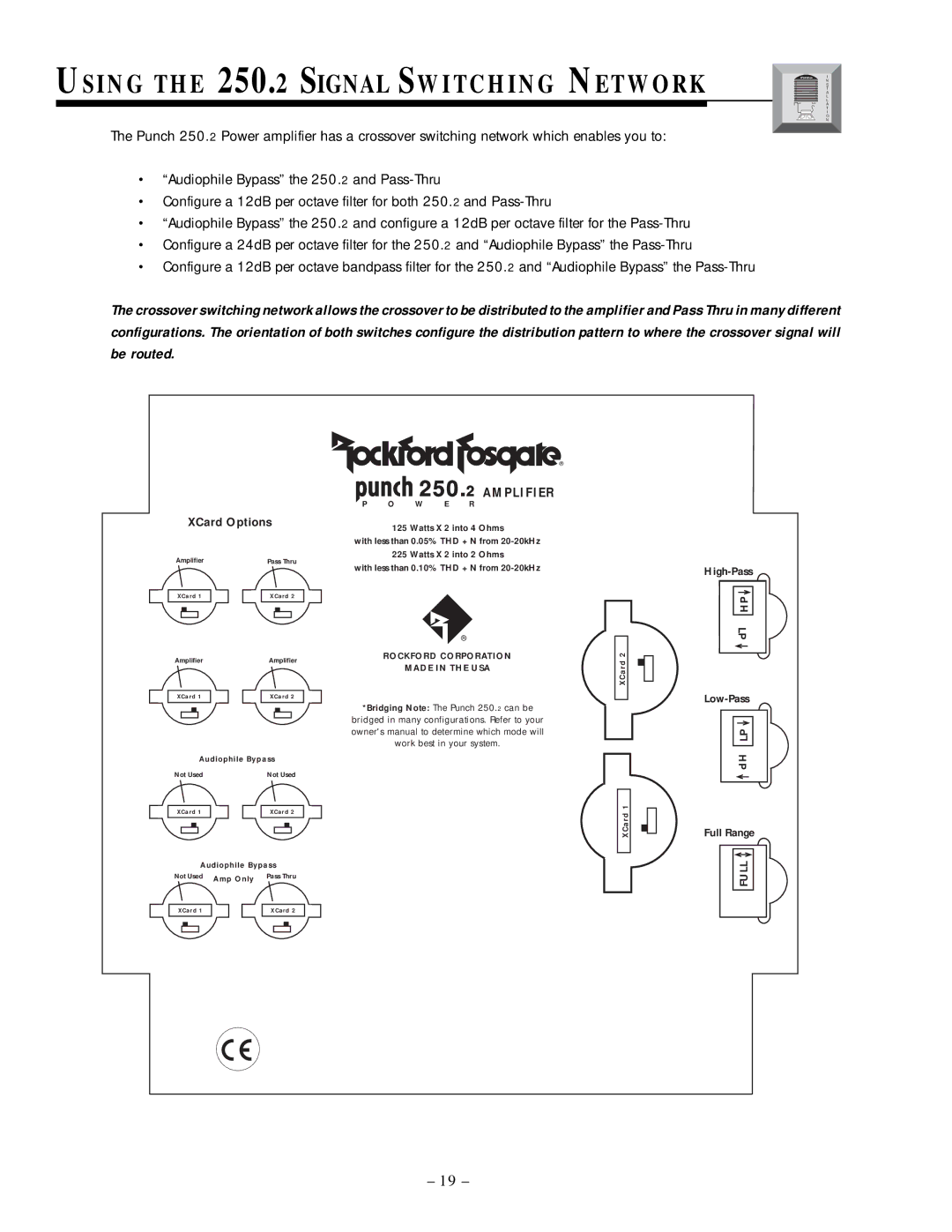 Rockford Fosgate manual Using the 250.2 Signal Switching Network, Amplifier 