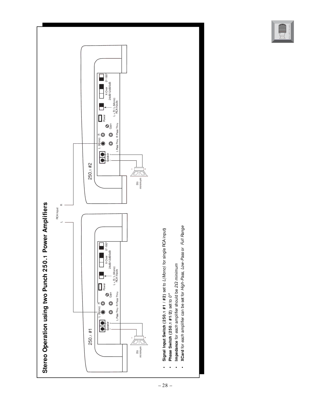 Rockford Fosgate 250.2 manual Stereo Operation using two Punch 250.1 Power Amplifiers, 250 #1 250 #2 