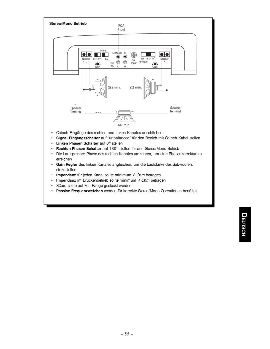 Rockford Fosgate 250.2 manual Stereo/Mono Betrieb, Linken Phasen Schalter auf 0 stellen 