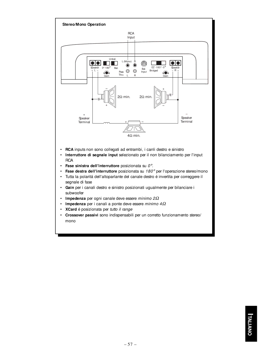 Rockford Fosgate 250.2 manual Stereo/Mono Operation, Fase sinistra dellinterruttore posizionata su 