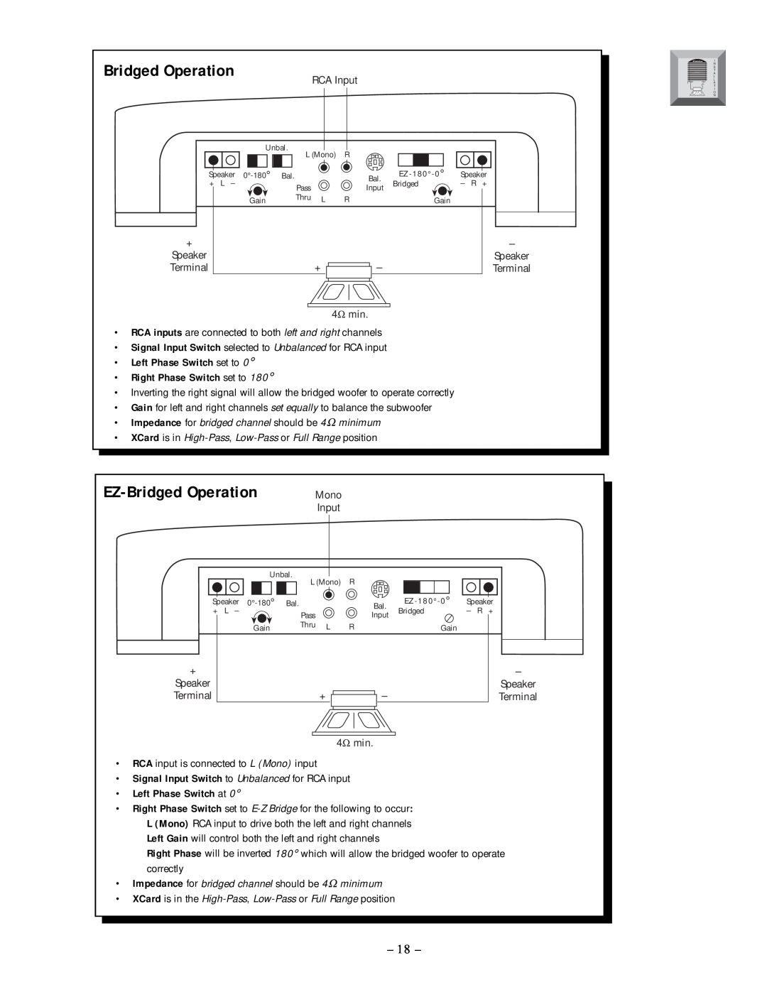 Rockford Fosgate 250.2 manual Bridged Operation, EZ-BridgedOperation, Left Phase Switch set to, Right Phase Switch set to 