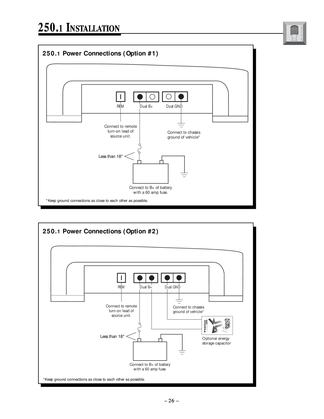 Rockford Fosgate 250.2 manual Installation, Power Connections Option #1, Power Connections Option #2 