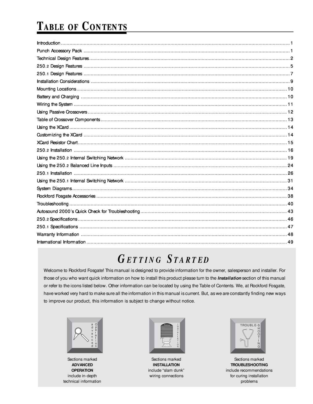 Rockford Fosgate 250.2 manual Table Of Contents, G E T T I N G S Ta R T E D 