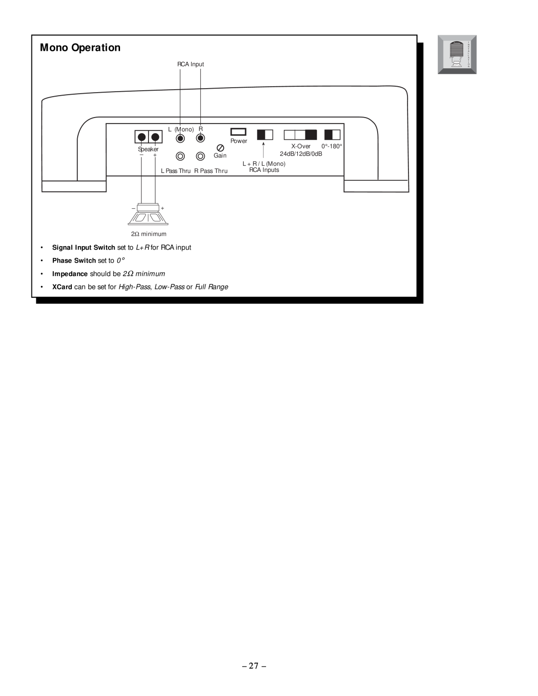 Rockford Fosgate 250.2 manual Mono Operation, Phase Switch set to 