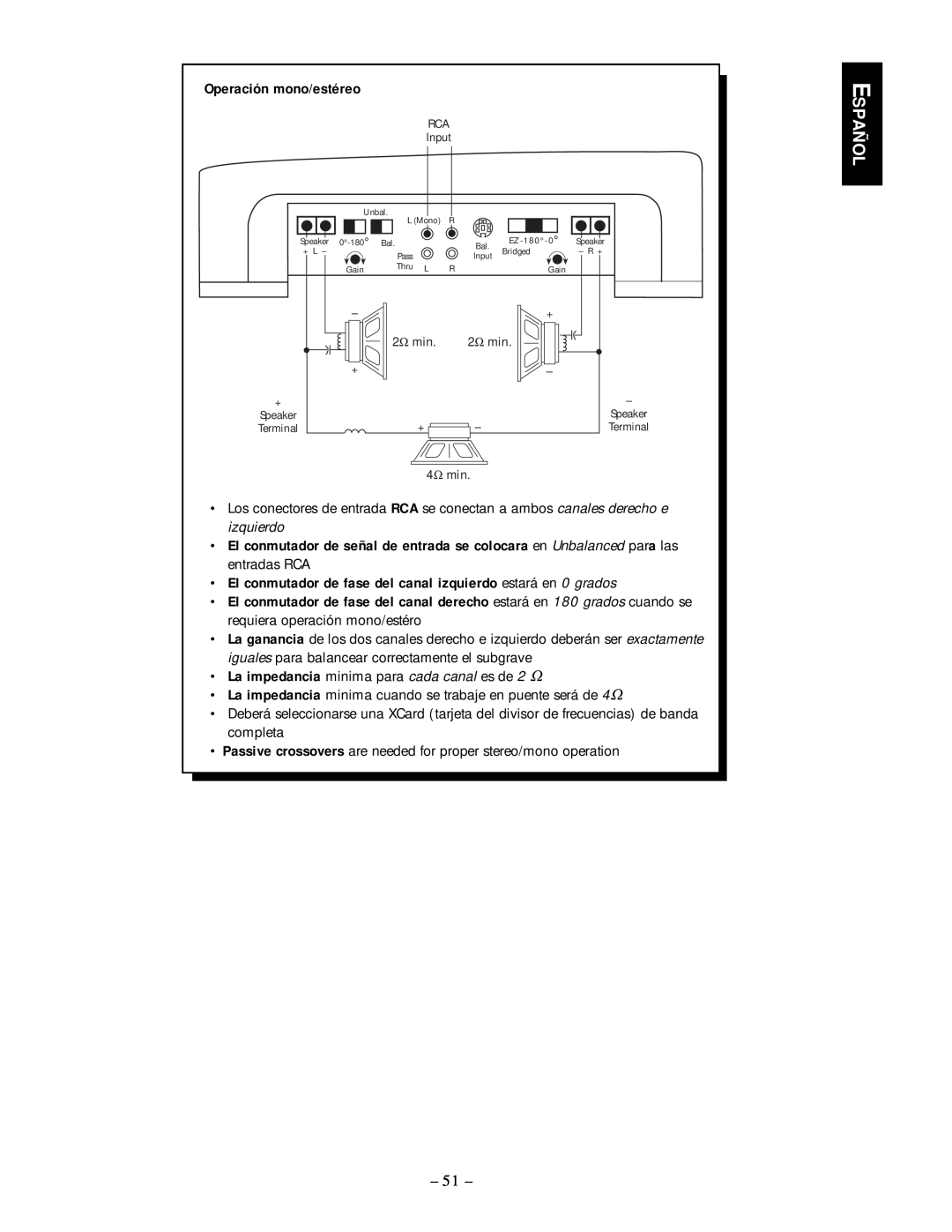 Rockford Fosgate 250.2 manual Español, Operación mono/estéreo 
