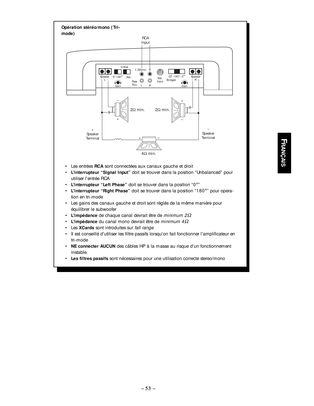Rockford Fosgate 250.2 manual Opération stéréo/mono Tri- mode 