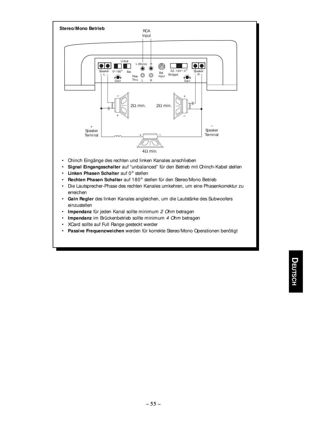 Rockford Fosgate 250.2 manual Deutsch, Stereo/Mono Betrieb, Linken Phasen Schalter auf 0 stellen 