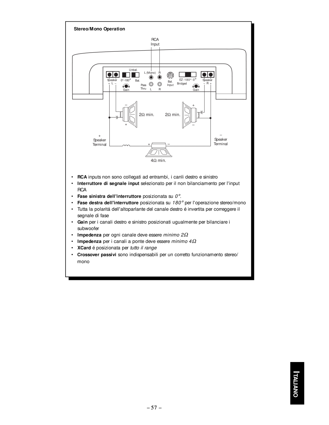 Rockford Fosgate 250.2 manual Italiano, Stereo/Mono Operation, Fase sinistra dellinterruttore posizionata su 