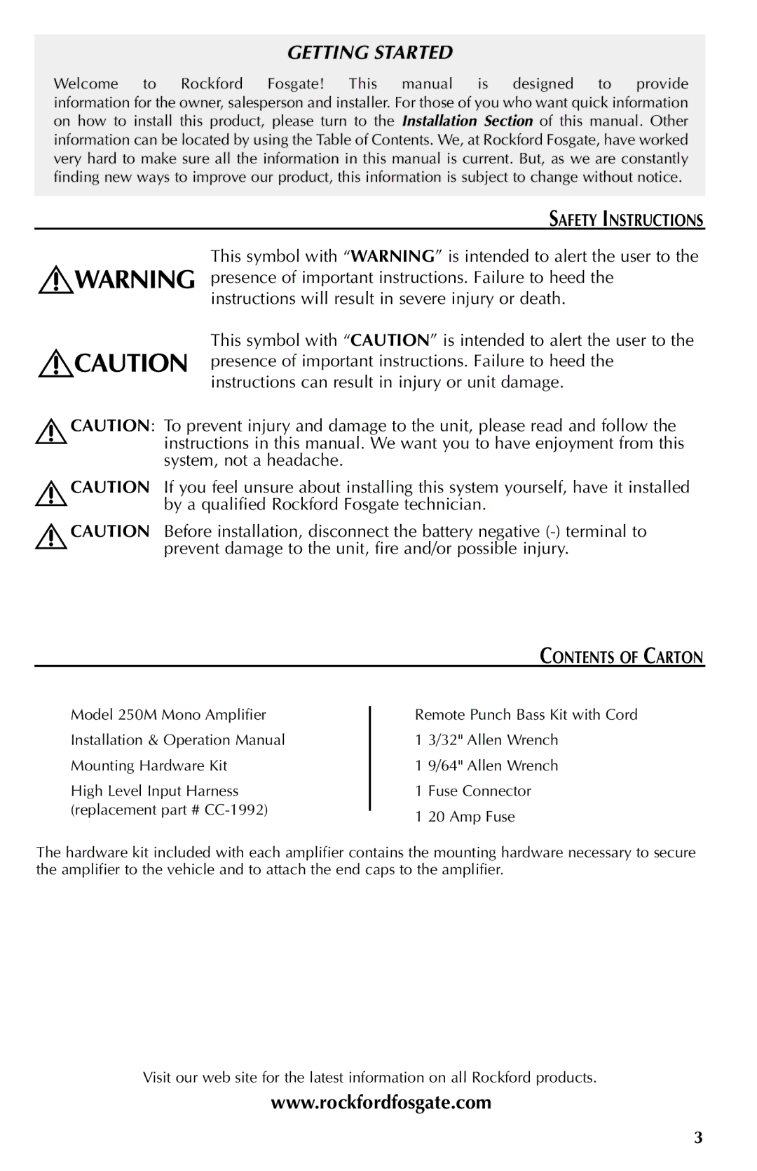 Rockford Fosgate 250M manual Safety Instructions, Contents of Carton 