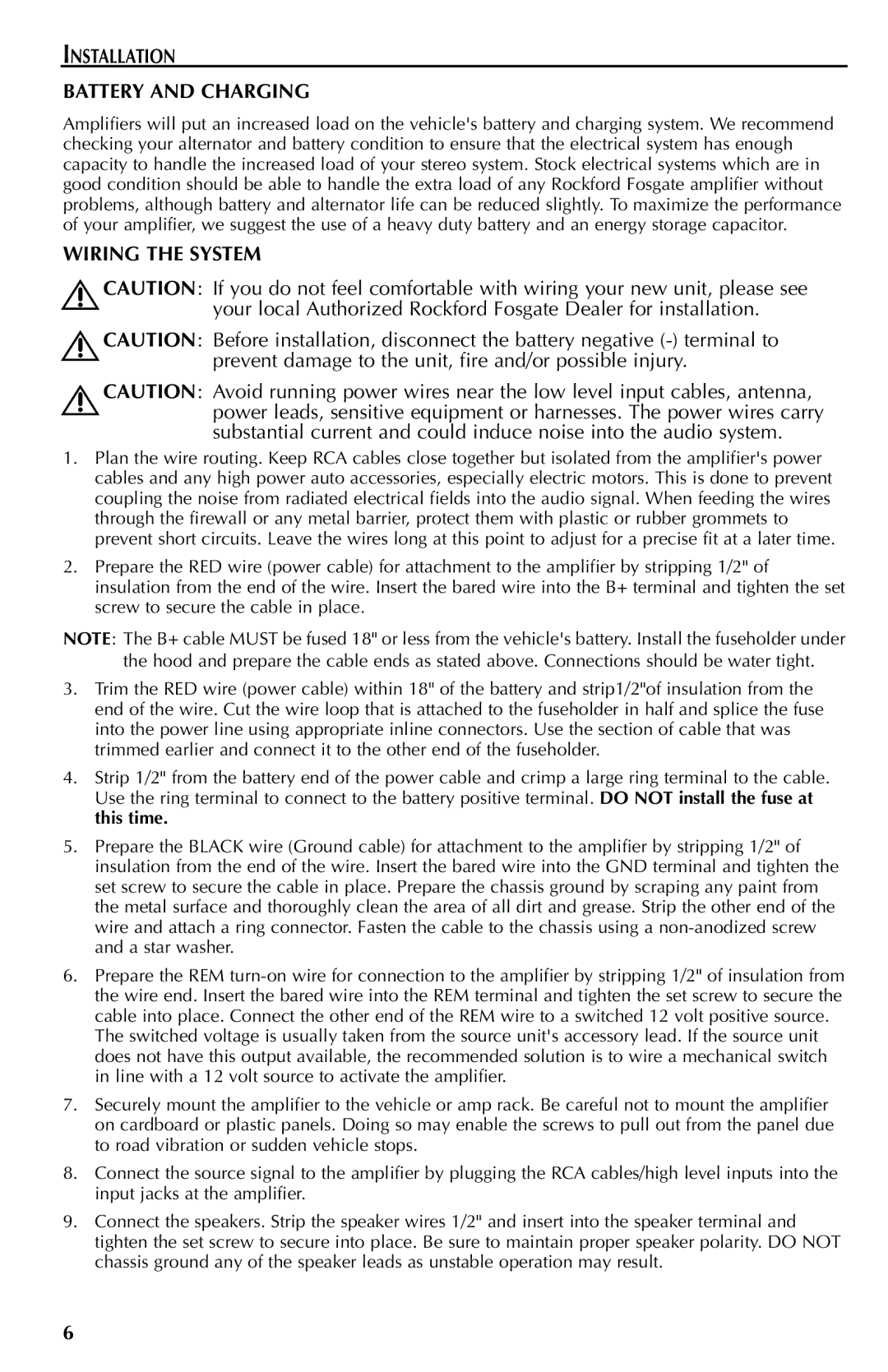 Rockford Fosgate 250M manual Installation Battery and Charging, Wiring the System 