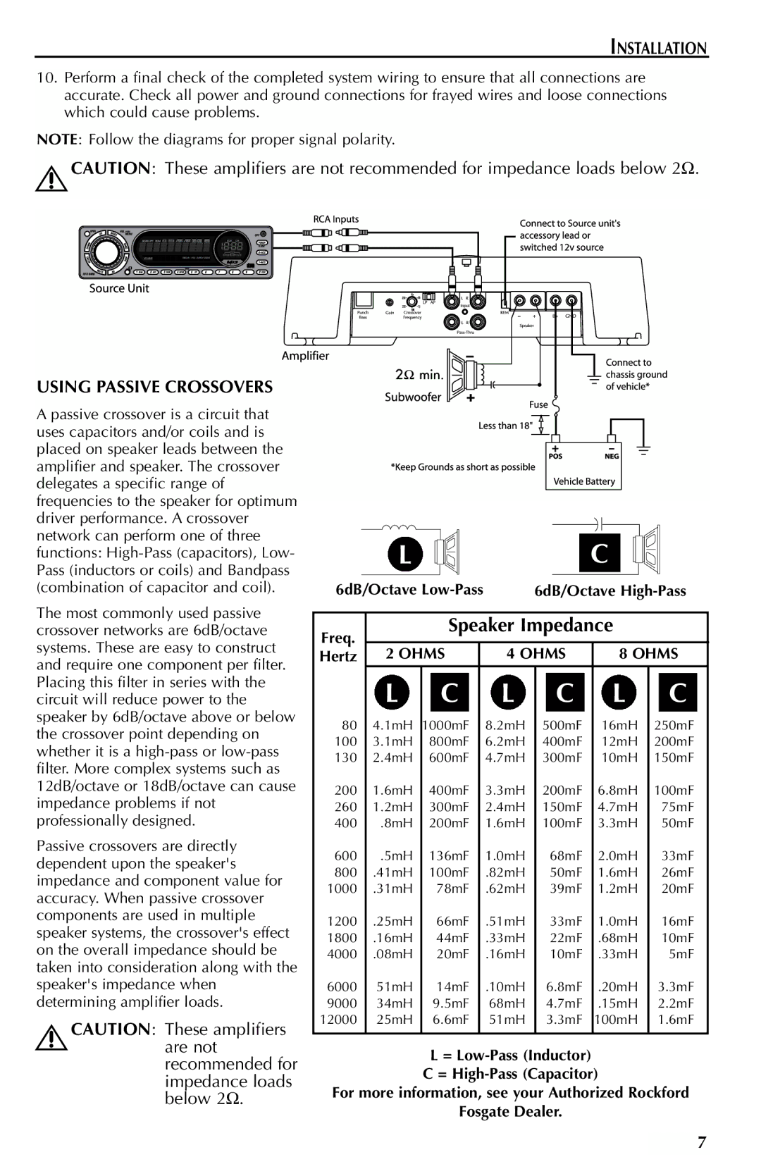 Rockford Fosgate 250M manual Speaker Impedance, Using Passive Crossovers 