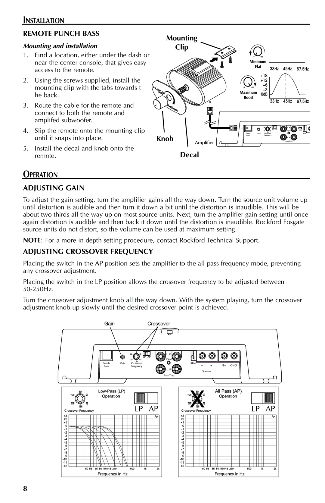 Rockford Fosgate 250M manual Installation Remote Punch Bass, Operation Adjusting Gain, Adjusting Crossover Frequency 