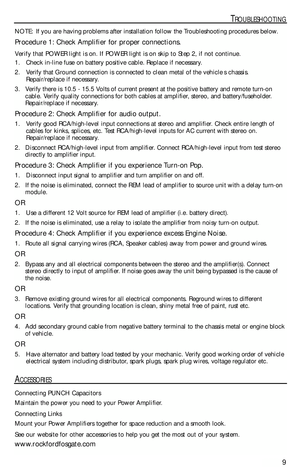 Rockford Fosgate 250M manual Troubleshooting, Accessories 