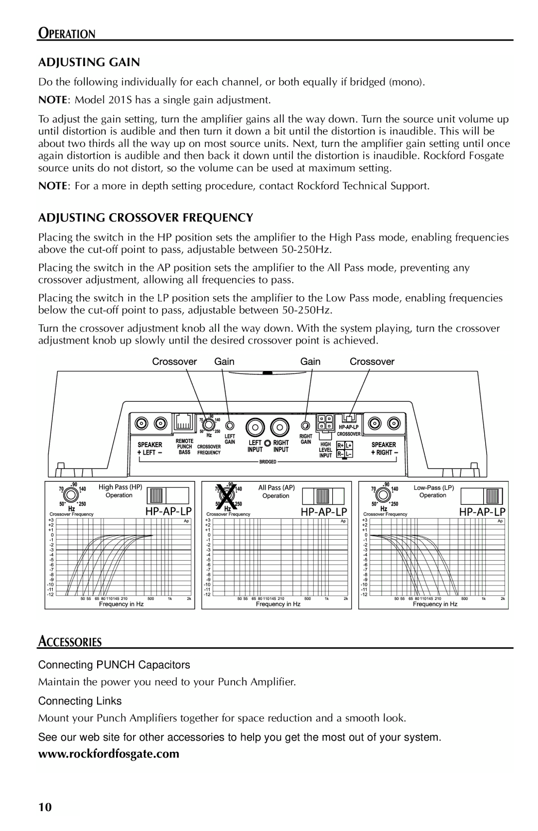 Rockford Fosgate 301SP Operation Adjusting Gain, Adjusting Crossover Frequency, Accessories, Connecting Punch Capacitors 