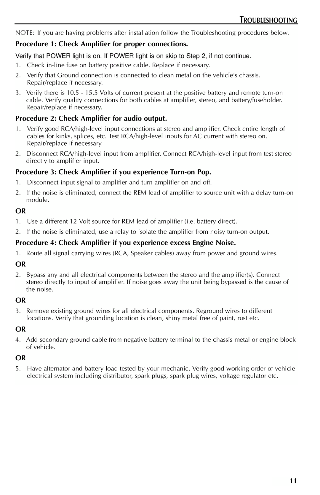 Rockford Fosgate 401SP, 301SP manual Troubleshooting, Procedure 1 Check Amplifier for proper connections 