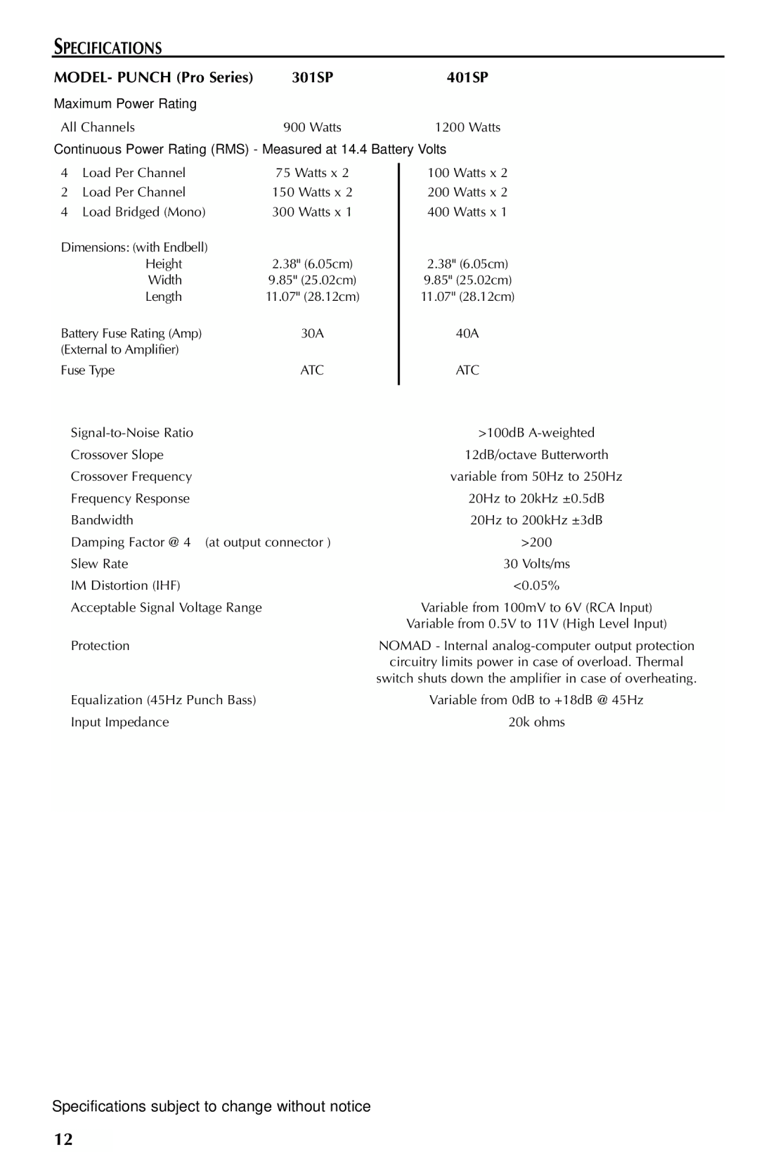 Rockford Fosgate 301SP, 401SP manual Specifications subject to change without notice 