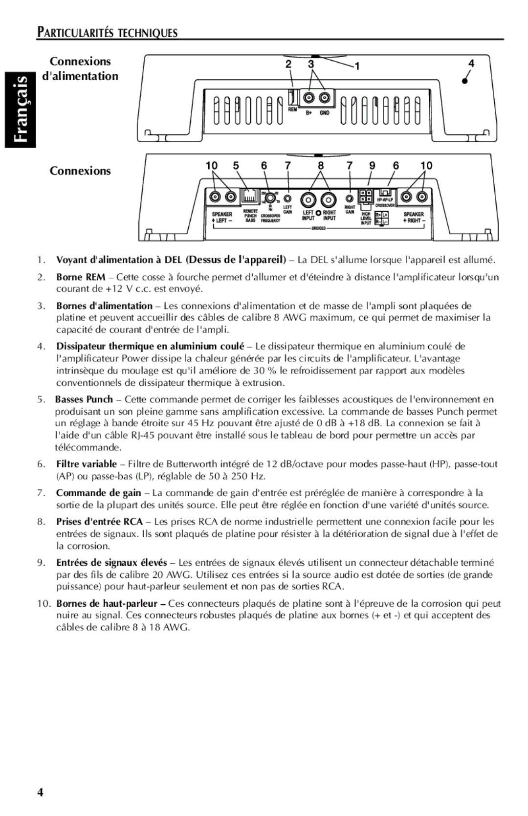 Rockford Fosgate 301SP, 401SP manual Particularités Techniques, Connexions Dalimentation 