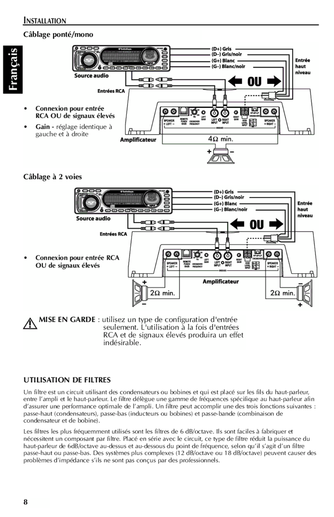 Rockford Fosgate 301SP, 401SP manual Câblage ponté/mono, Câblage à 2 voies, Utilisation DE Filtres 