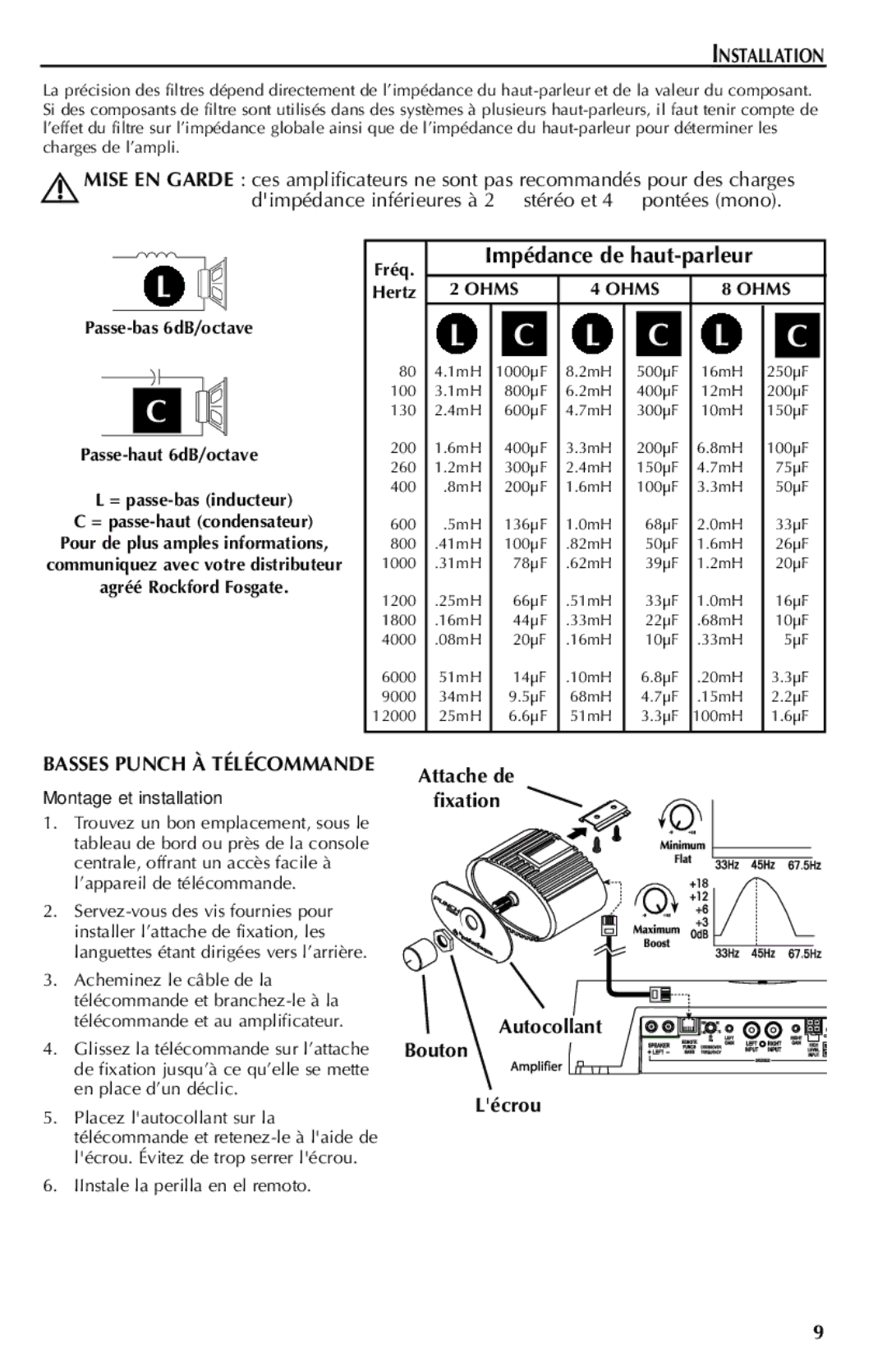 Rockford Fosgate 401SP, 301SP manual Impédance de haut-parleur, Basses Punch À Télécommande, Montage et installation 