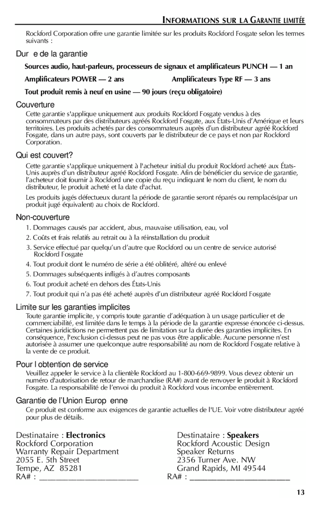 Rockford Fosgate 401SP, 301SP manual Durée de la garantie, Informations SUR LA Garantie Limitée 