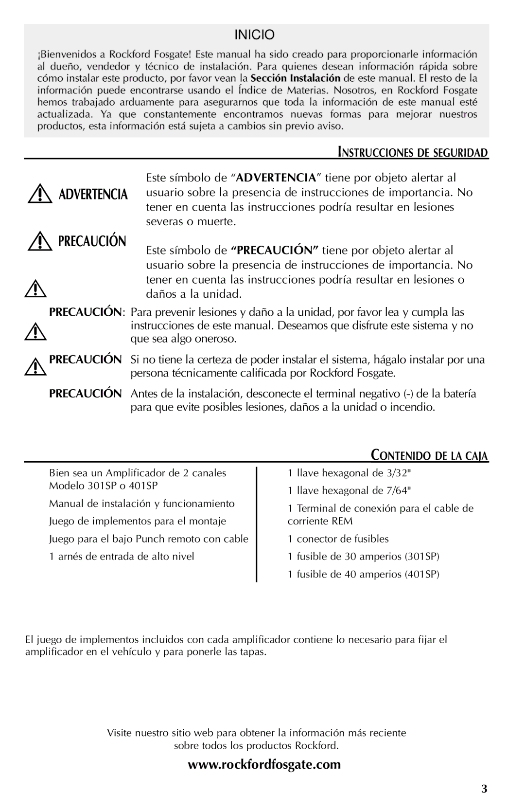 Rockford Fosgate 401SP, 301SP manual Instrucciones DE Seguridad, Contenido DE LA Caja 