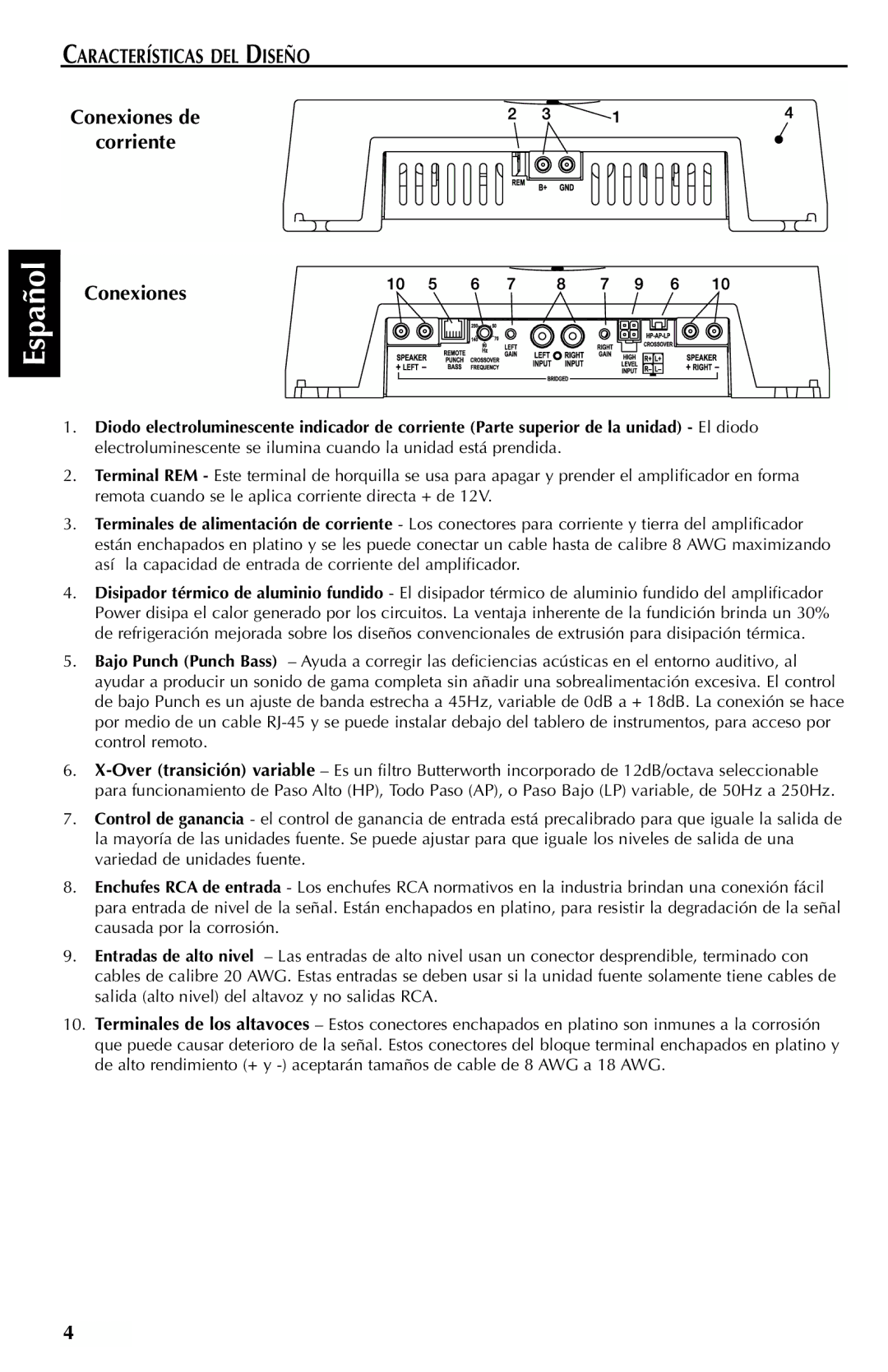 Rockford Fosgate 301SP, 401SP manual Características DEL Diseño, Conexiones de Corriente 