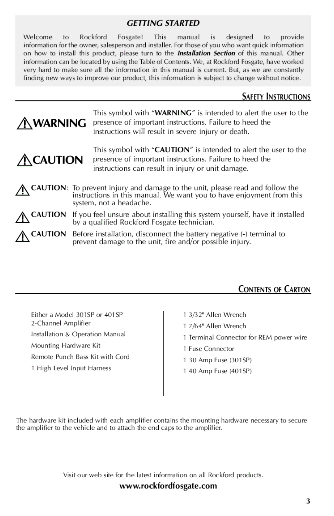 Rockford Fosgate 401SP, 301SP manual Safety Instructions, Contents of Carton 